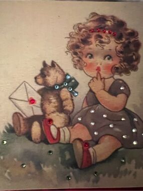 Cute Vintage Girl and Teddy Art Print with Rhinestone Accents photo album